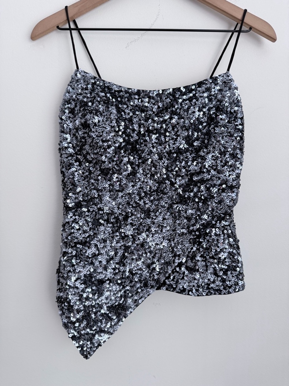 Cache Silk silver Sequin Top asymmetrical vintage spaghetti strap S